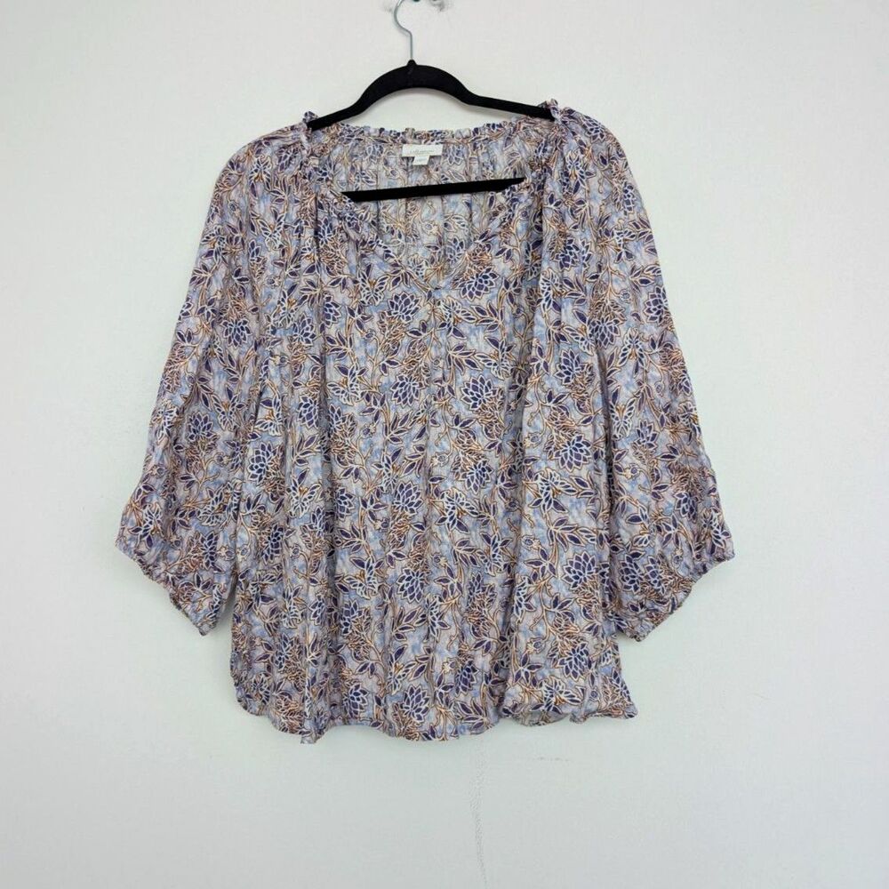 J. Jill Linen Boho Floral Balloon Sleeve Tie Neck Blouse Sz 2X Lagenlook